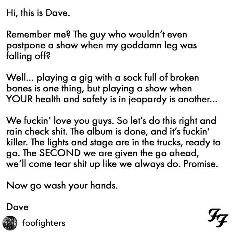 Screenshot of post made on Foo Fighters Instagram announcing the postponement of the Van Tour