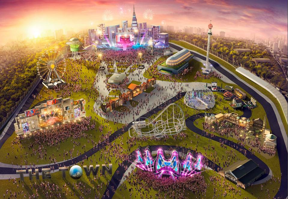 An illustration of the festival grounds, with the race track weaving between the music stages.