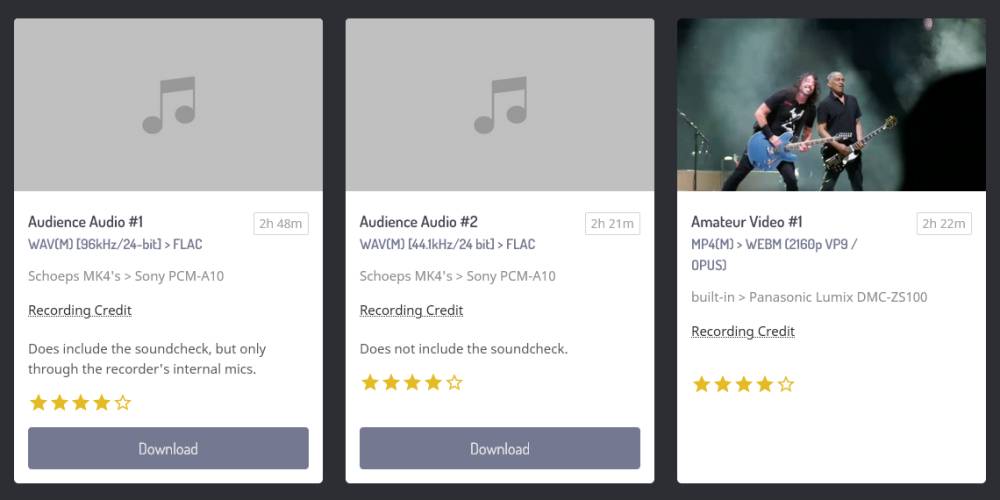 An example showing some recordings with recording credits which can be revealed via hover or tap/click.