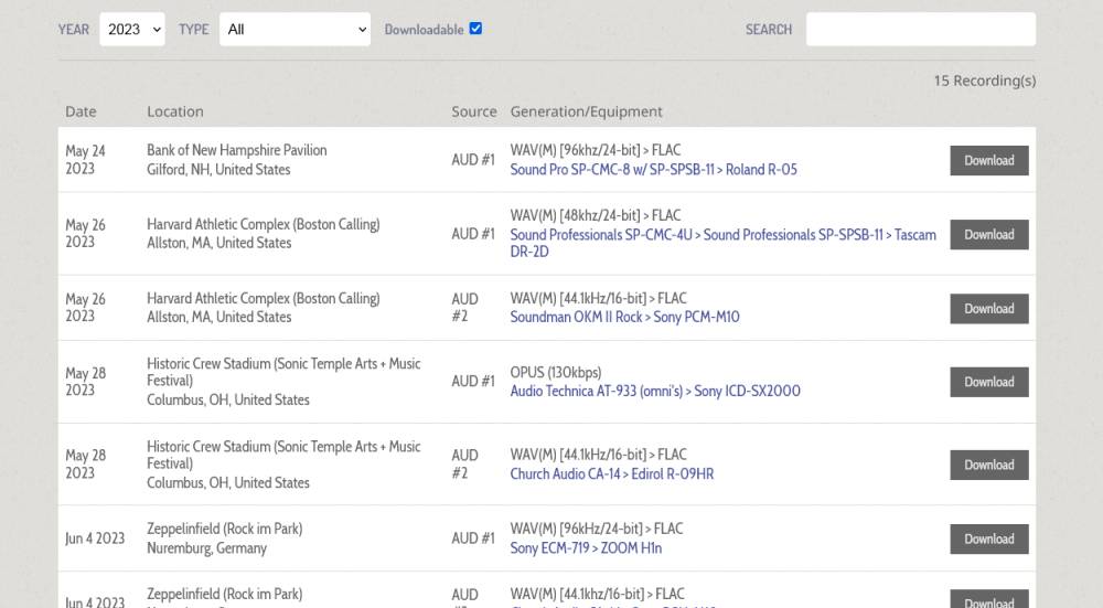 A selection of recordings from 2023 filtered to show those available to download