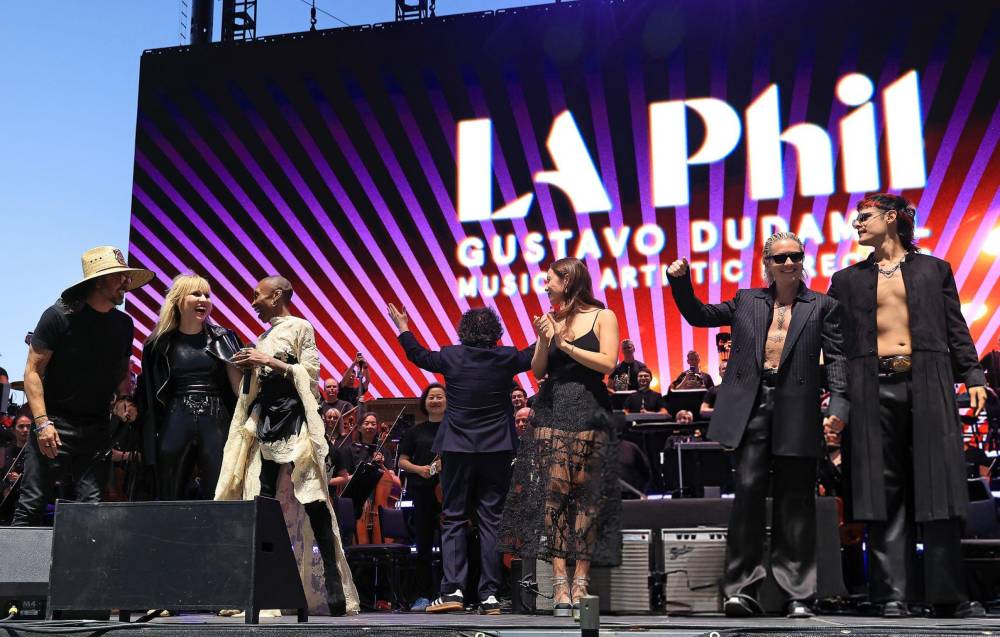 Dave with Natasha Bedingfield, Cynthia Erivo, Laufey, and Ca7riel & Paco Amoroso with Gustavo Dudamel and the LA Philharmonic at Coachella. Photo: Kevin Mazur